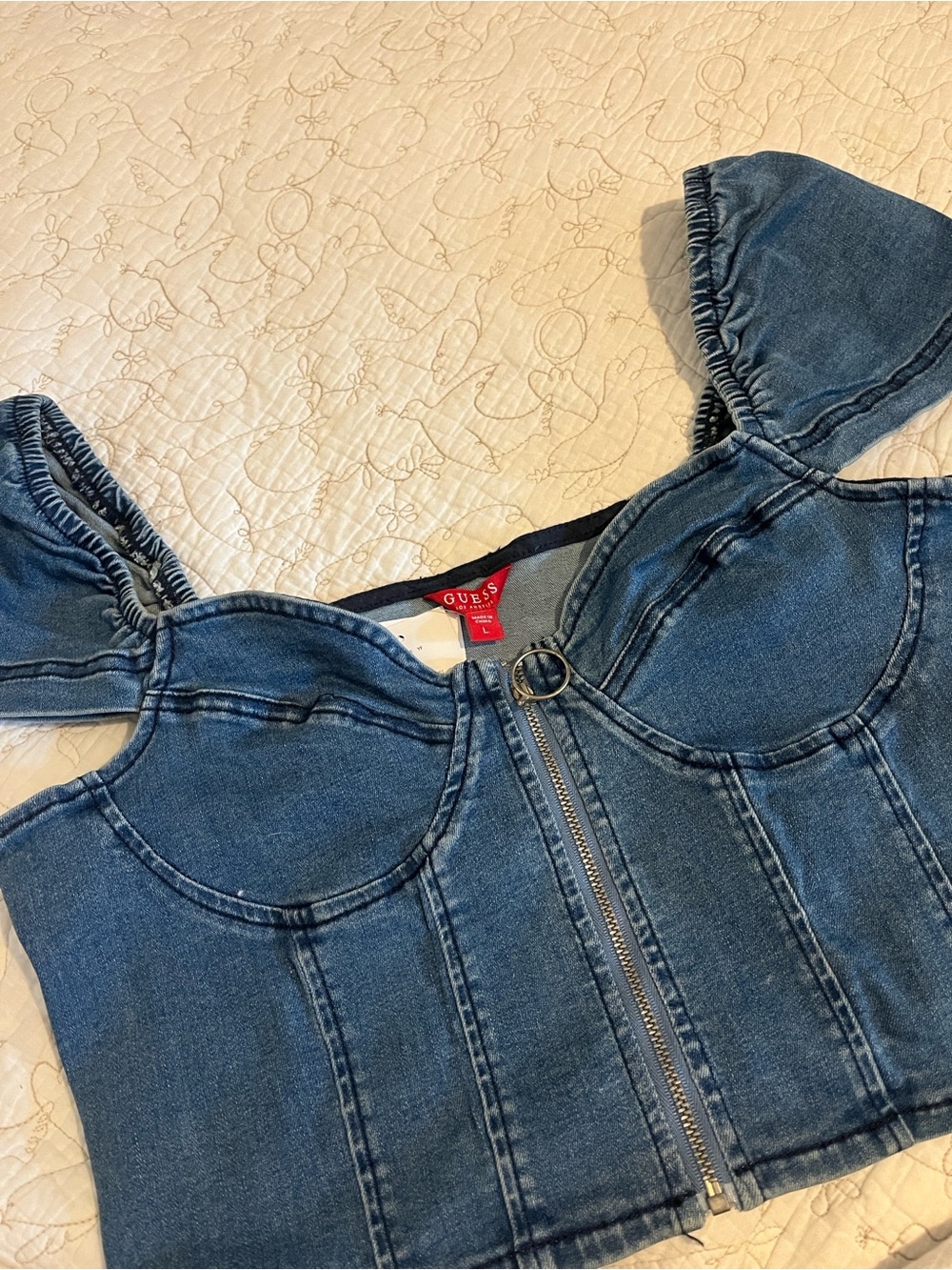 Guess Dark Blue Denim Corset Crop Top with Puff Sleeves